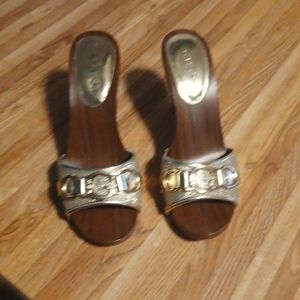 Guess gold and wood mule
